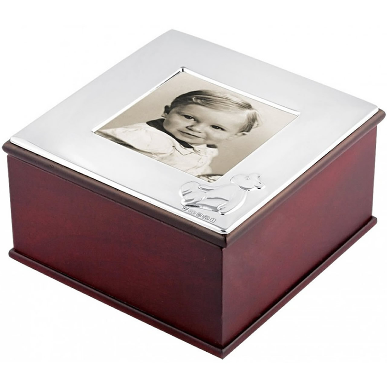 Sterling Silver Teddy Bear Motif Mahogany Finish Keepsake Box With