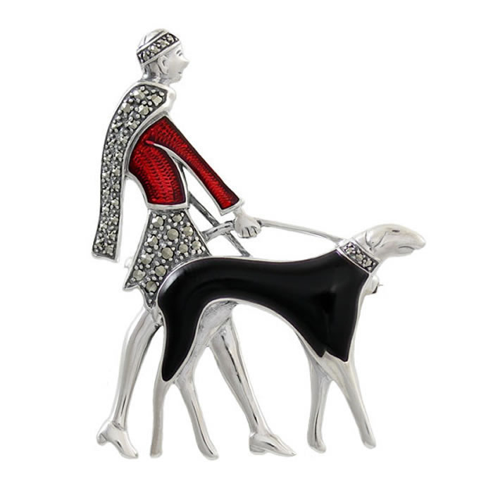 Sterling Silver Elegant Art Deco Dog Walk Brooch