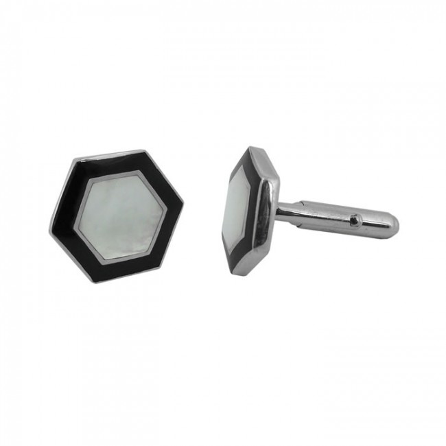 Sterling Silver Hexagonal Onyx Mother Of Pearl Cufflinks