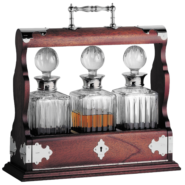 Oak Triple Tantalus Decanter Set With Sterling Silver Brackets
