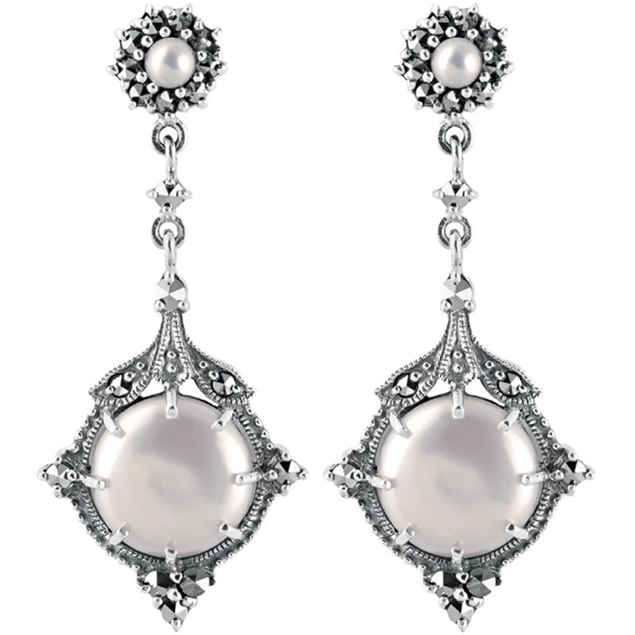 Sterling Silver Cultured Pearl And Marcasite Set Post Drop Earrings