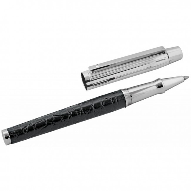 Sterling Silver Black Leather And Linear Pattern Rollerball Pen With