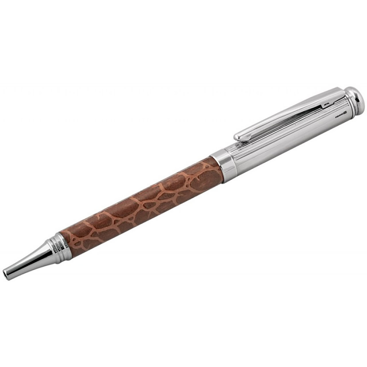 Sterling Silver Brown Leather And Linear Pattern Ballpoint With