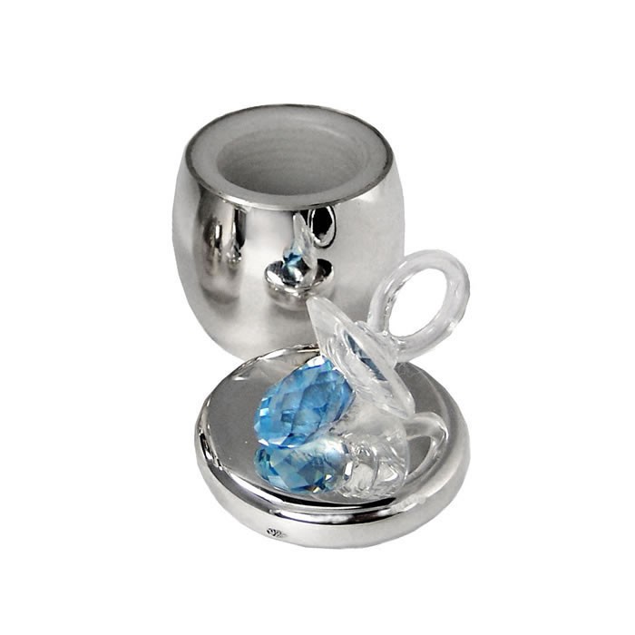 Christening Silver Plated Stork Blue Crystals For Boy