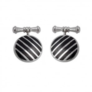 Sterling Silver Round Black Agate Stripe Cufflinks