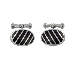 Sterling Silver Oval Black Agate Stripe Cufflinks