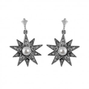 Sterling Silver Marcasite Freshwater Pearl Style Star Earrings