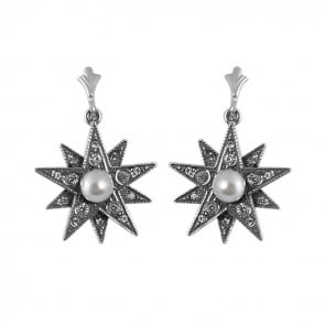 Sterling Silver Marcasite Freshwater Pearl Style Star Earrings