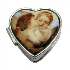 Sterling Silver Cherub Picture Heart Pill Box