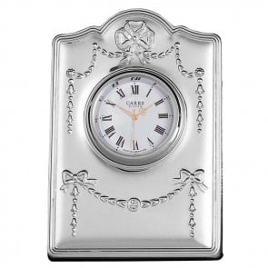 Sterling Silver Ribbon Detailed Mini Clock With Velvet Back