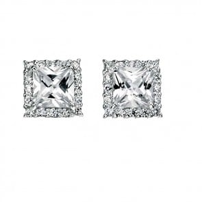 Sterling Silver Clear Cubic Zirconia Square Stud Style Earrings