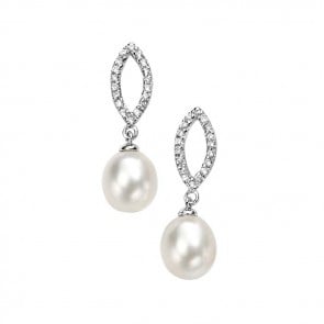 Silver White Freshwater Pearl And Cubic Zirconia Marquise Earrings