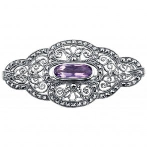 Sterling Silver Victorian Brooch Set With Amethyst And Marcasite