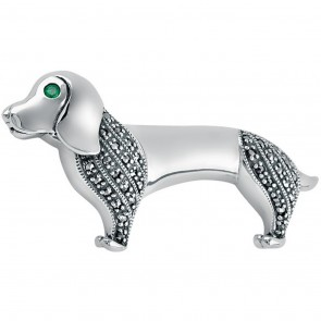 Sterling Silver Marcasite And Emerald Set Dachshund Dog Brooch