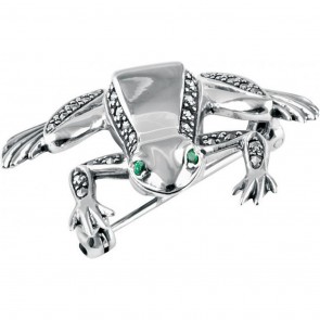 Sterling Silver Marcasite Emerald Set Frog Brooch