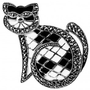 Sterling Silver Black And White Enamel And Marcasite Set Cat Brooch