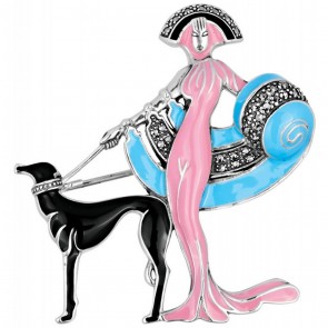 Sterling Silver Pink, Blue And Black Enamel Marcasite Set Lady And Dog Brooch