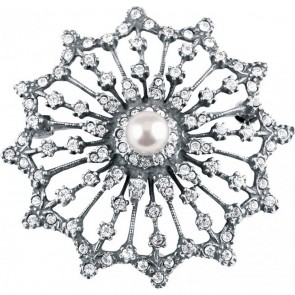 Sterling Silver Crystal And Cultured Pearl Starburst Brooch