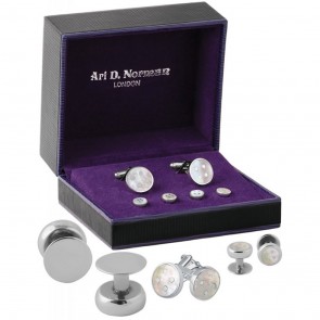 Sterling Silver Mother Of Pearl Button Design Cufflinks And Shirts Dress Studs Set