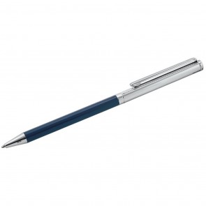 Sterling Silver Navy Blue Acrylic And Engine Turned Slim Ballpoint Pen With Engravable Panel