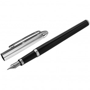 Sterling Silver Black Acrylic And Engine Turned Fountain Pen With Engravable Panel