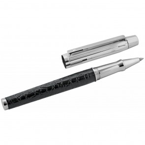 Sterling Silver Black Leather And Linear Pattern Rollerball Pen With 5Pt Diamond Set Clip And Engravable Pen